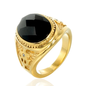 Vintage Stainless Steel Ring With Large Black Gemstone Gold Plated Punk Style Carved Finger Ring For Men Women Fashion Jewelry