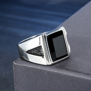 Mens silver punk ring with rectangular black onyx stone on textured metal band