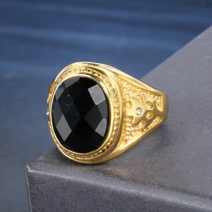 Vintage stainless steel ring with faceted black obsidian stone and gold plating finish
