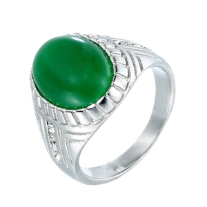 Detail of silver men's ring with oval green stone and side cubic zirconia accents