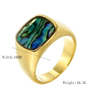 Men's gold-plated titanium steel ring with abalone shell inlay, 16mm width and 16.3g weight