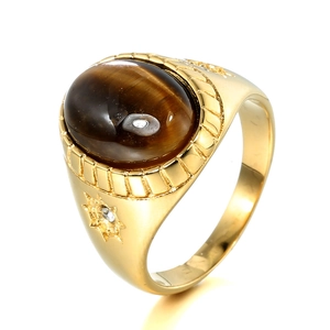 Retro Stainless Steel Ring For Men Vintage Tiger Eye Ruby Blue Sandstone Star Pattern Inlaid Rhinestone Band Ring Jewelry