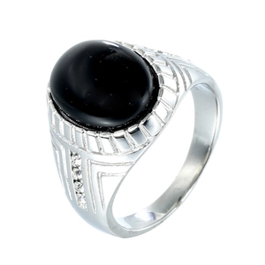 Mens silver ring with oval black onyx stone and geometric engraved diamond accents