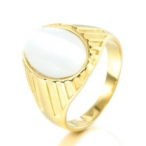 Vintage gold stainless steel signet ring featuring a large oval milky white gemstone