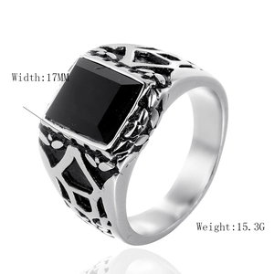 Men's punk vintage stainless steel ring with square black agate and geometric carving
