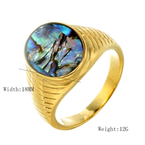 Golden stainless steel anxiety ring with oval colorful abalone shell inlay, 18mm wide
