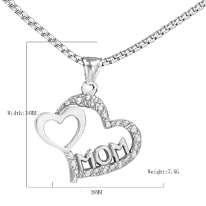 Polished stainless steel double heart MOM pendant necklace with 34mm width dimension
