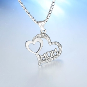 Silver stainless steel heart necklace featuring a MOM hollow design with nested pendants