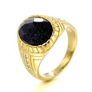 Vintage men's gold plated ring featuring an oval blue sandstone and white zircon accents