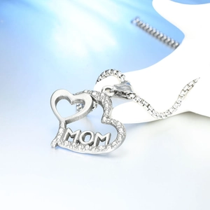 Polished stainless steel double heart MOM pendant necklace on silver box chain