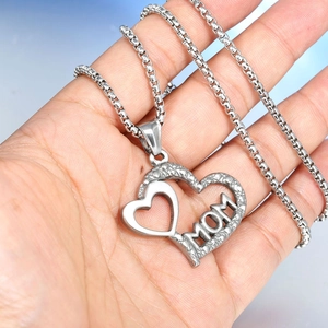 Stainless steel heart pendant necklace with MOM engraving on elegant box chain
