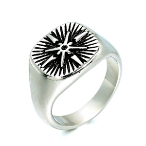 Vintage Men's Titanium Steel Compass Starburst Signet Ring With Rhinestone Inlay Retro Punk Square Face Fashion Finger Jewelry
