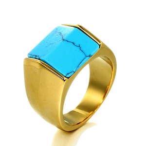 Vintage Stainless Steel Square Turquoise Ring For Men Women Gold Black Electroplated Polished Geometric Signet Ring Jewelry