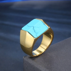Men's gold-plated stainless steel ring featuring a square turquoise stone setting