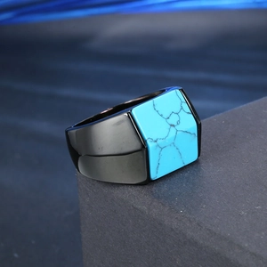 Men's minimalist black stainless steel signet ring featuring a square blue turquoise stone