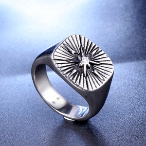 Men's titanium steel compass signet ring with starburst pattern and central zircon