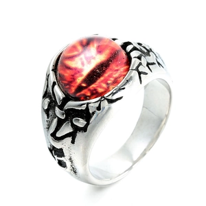 Gothic stainless steel eye ring with red dragon eye stone and engraved tribal patterns