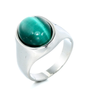 Bague vintage pour hommes avec une grande pierre œil de chat verte et anneau poli