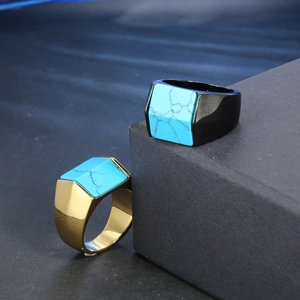 Square turquoise rings in gold and black stainless steel finish with vintage geometric style
