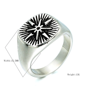 Vintage men's stainless steel compass ring with compass star design, 15.5mm wide