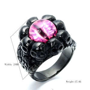Gothic stainless steel skull ring with purple evil eye gemstone and 24mm width detail