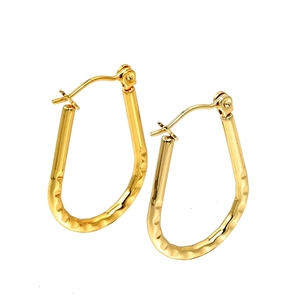 Women Stainless Steel U-Shaped Hammered Hoop Earrings 18K Gold Plated Geometric Embossed Fashion Ear Buckle Jewelry