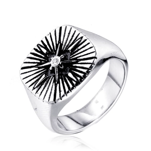 Vintage men's stainless steel compass signet ring with star pattern and zircon stone