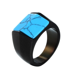 Men's black matte stainless steel ring featuring a square blue turquoise gemstone