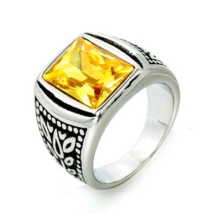 Anillo vintage de acero inoxidable para hombre con gema amarilla cuadrada y tallados