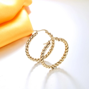 Detail of twisted rope hoop earrings in gold plating with high-polish mirror finish
