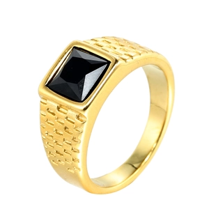 Men's vintage gold stainless steel ring with square black gemstone and textured band