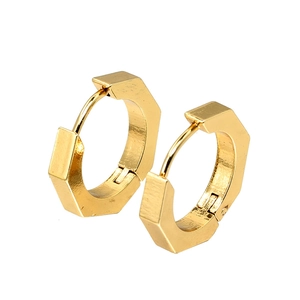 Minimalist gold hexagonal hoop earrings in stainless steel with a secure snap closure