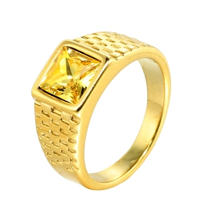 Mens gold plated stainless steel ring with square yellow zircon and brick texture