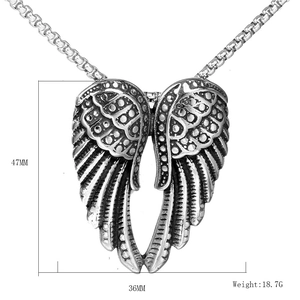 Polished stainless steel angel wings pendant necklace with dimensions 47mm by 36mm