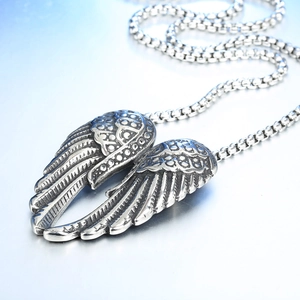 Retro stainless steel angel wing pendant necklace with vintage carved feather textures