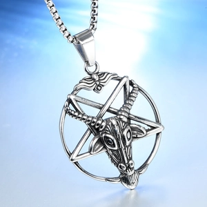 Vintage stainless steel Baphomet sheep skull necklace with pentagram pendant for men and women