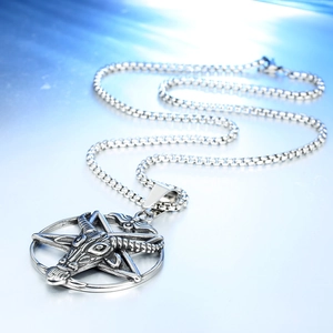 Vintage stainless steel Baphomet pendant with inverted pentagram on silver chain