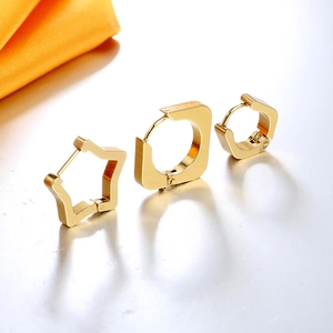 Gold stainless steel geometric earring set with star, square and hexagon hoop designs
