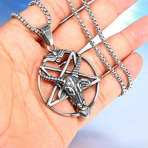 Gothic stainless steel necklace with Baphomet goat head and pentagram pendant
