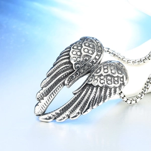 Retro stainless steel angel wing pendant necklace with vintage oxidized finish and box chain