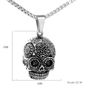 Gothic Totenkopf-Halskette aus Vintage-Stahl mit Mandala-Blumenmuster und Box-Kette