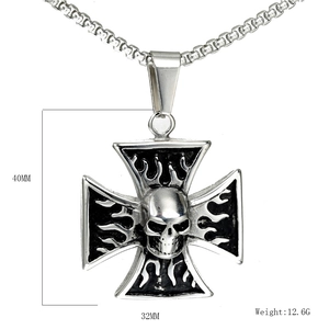 Collana con ciondolo a croce e teschio punk in acciaio al titanio da uomo, 40x32mm