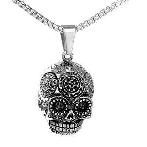 Vintage Edelstahl Sugar Skull Anhänger Halskette Gothisch Blumen Schnitzen Punk Biker Schmuck Für Herren Poliert Totenkopf Halskette