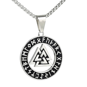 Retro hip hop titanium steel necklace with Viking Valknut pendant and Runic alphabet