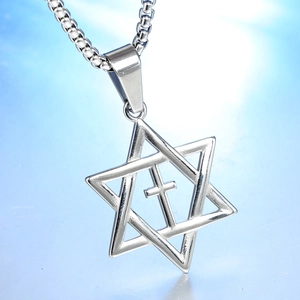 Polished silver hexagram star and cross pendant necklace on a steel box chain