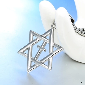 Silver hexagram star and cross pendant necklace in stainless steel on hand display