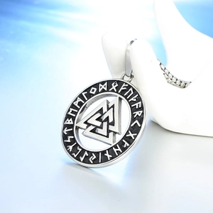 Vintage Viking Valknut necklace in oxidized titanium steel with Norse rune engraving