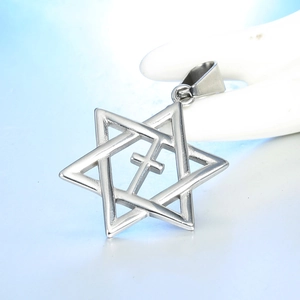 Detail of silver hexagram star pendant with central cross on a sleek stainless steel chain