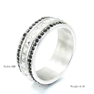 Punk style 8mm stainless steel ring for men featuring black zircon and rivet details