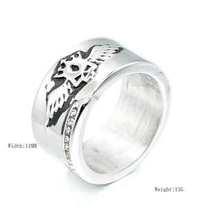 Punk eagle wing ring in vintage stainless steel with zircon inlay and 11mm wide band